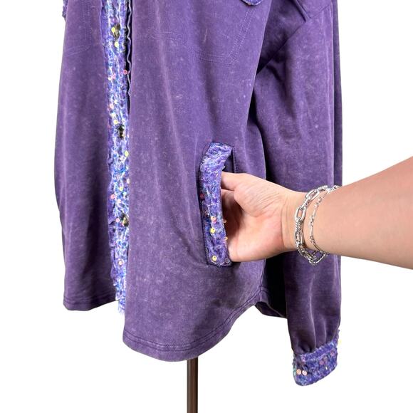 White Birch Purple Mineral Wash Velvet Trim Sequis Button Up Relaxed Shacket - Picture 8 of 16